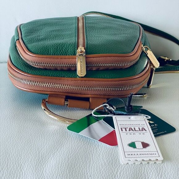 NWT Valentina Green Tan Italian Genuine Leather Convertible Sling Backpack Bag main image 10
